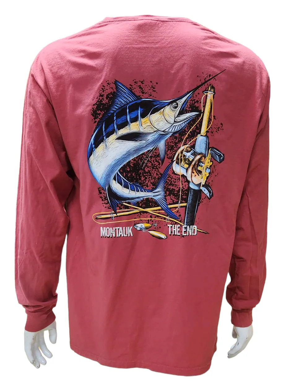 Adult Unisex Wild West Fishing Montauk The End Long Island Screen Printed Long Sleeve T-Shirt