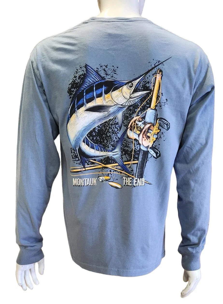 Adult Unisex Wild West Fishing Montauk The End Long Island Screen Printed Long Sleeve T-Shirt