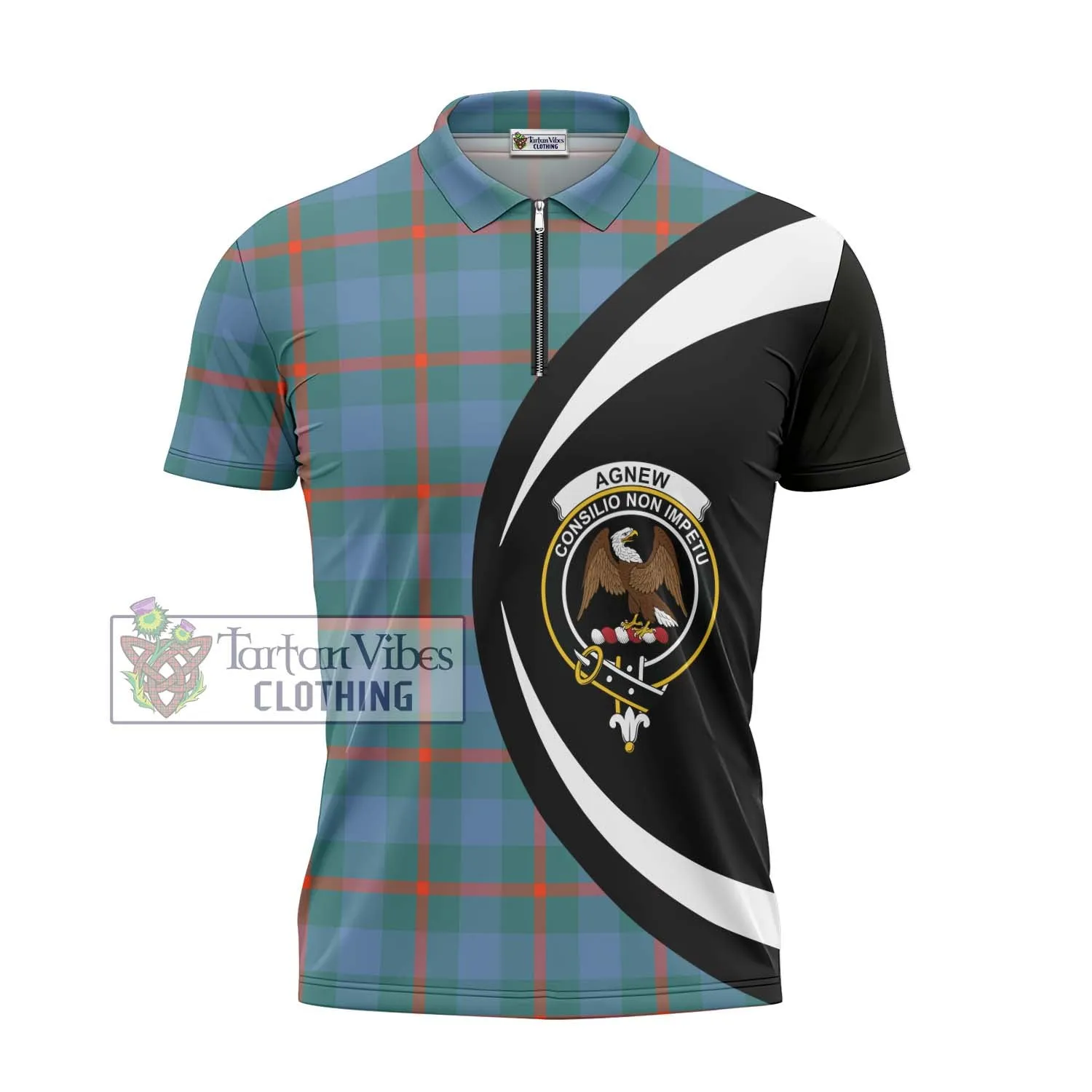 Agnew Ancient Tartan Zipper Polo Shirt with Family Crest Circle Style