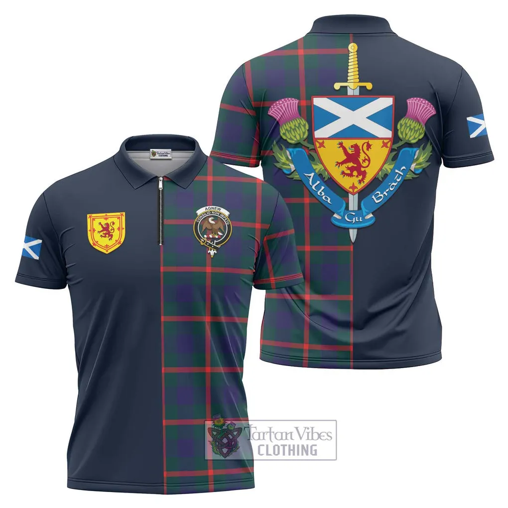 Agnew Tartan Zipper Polo Shirt Alba with Scottish Lion Royal Arm Half Style