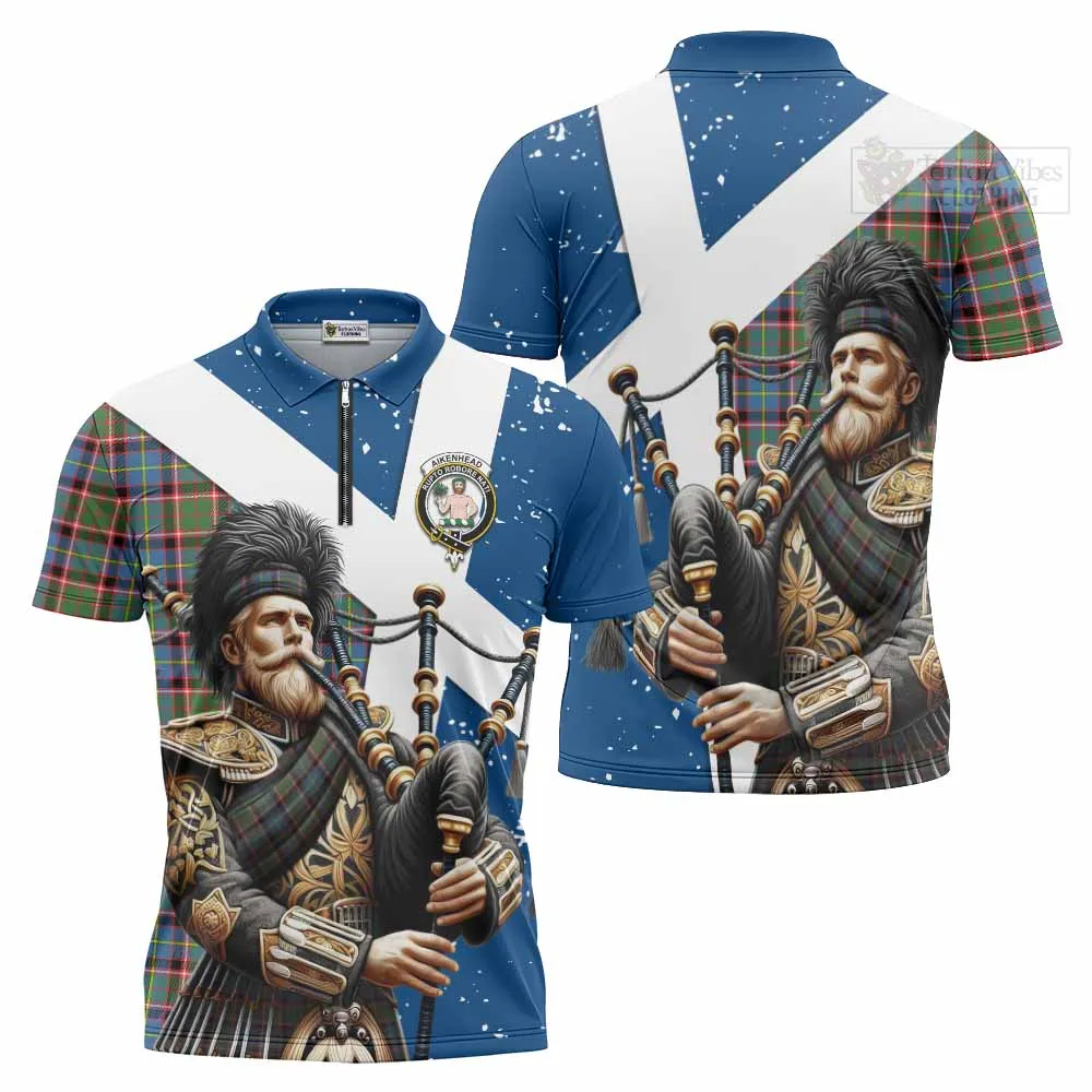 Aikenhead Tartan Zipper Polo Shirt with Family Crest Scottish Bagpiper Vibes