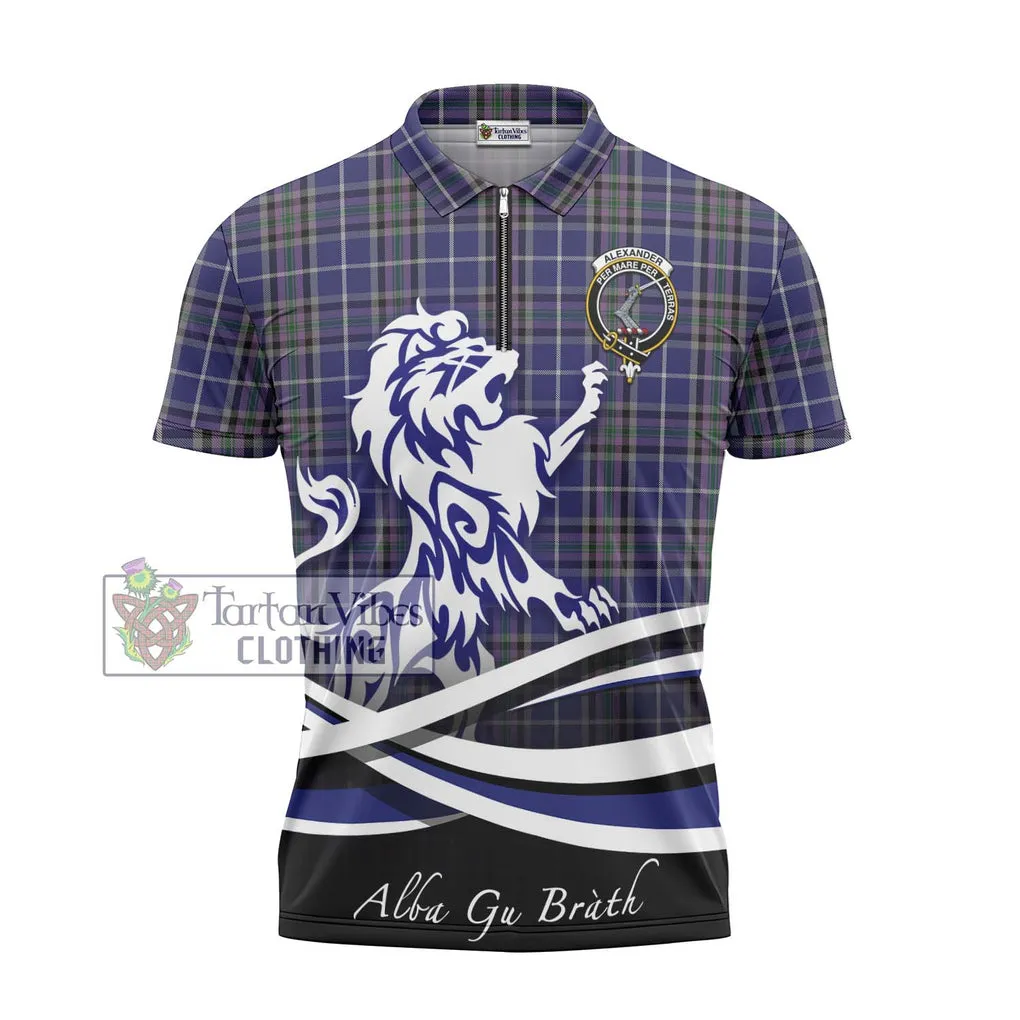 Alexander of Menstry Tartan Zipper Polo Shirt with Alba Gu Brath Regal Lion Emblem