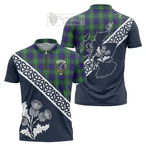 Alexander Tartan Zipper Polo Shirt Featuring Thistle and Scotland Map