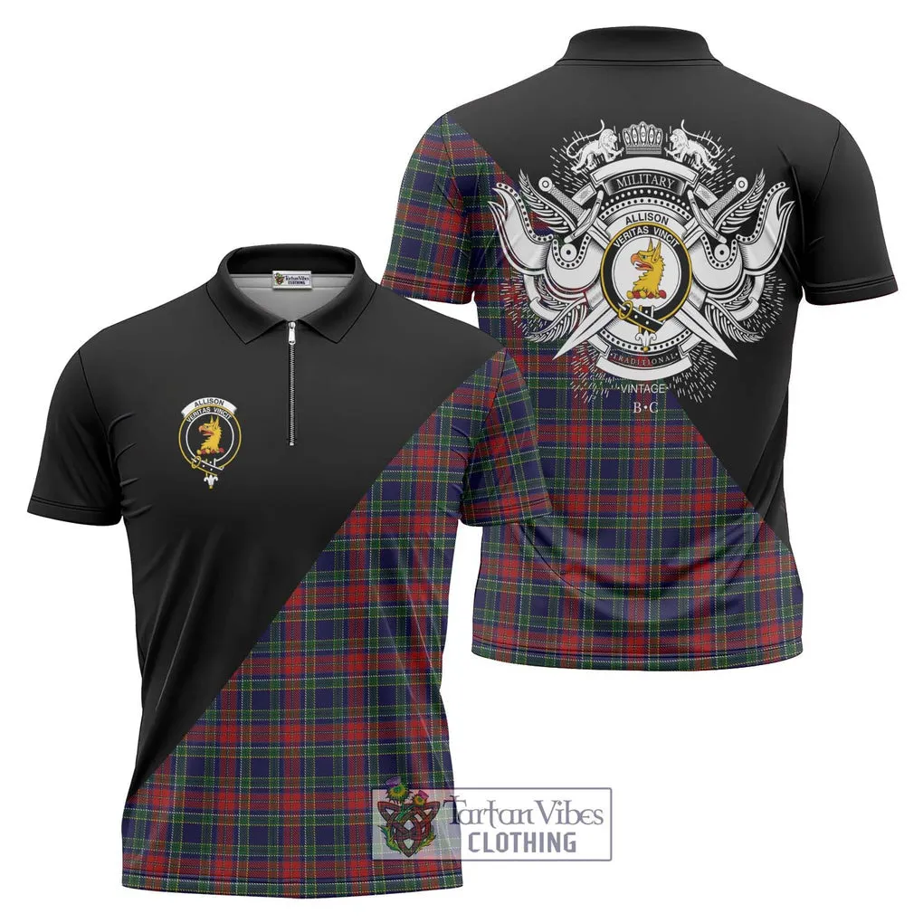 Allison Red Tartan Zipper Polo Shirt with Family Crest and Military Logo Style