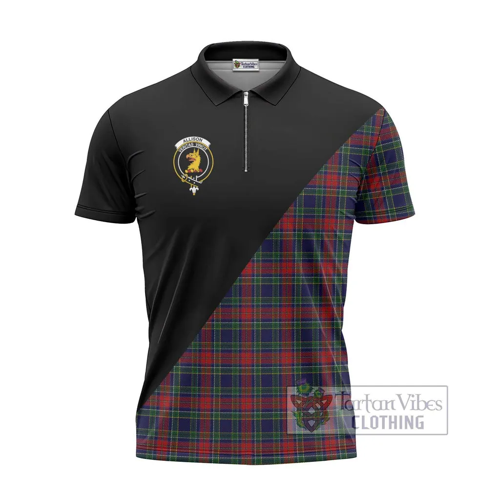 Allison Red Tartan Zipper Polo Shirt with Family Crest and Military Logo Style