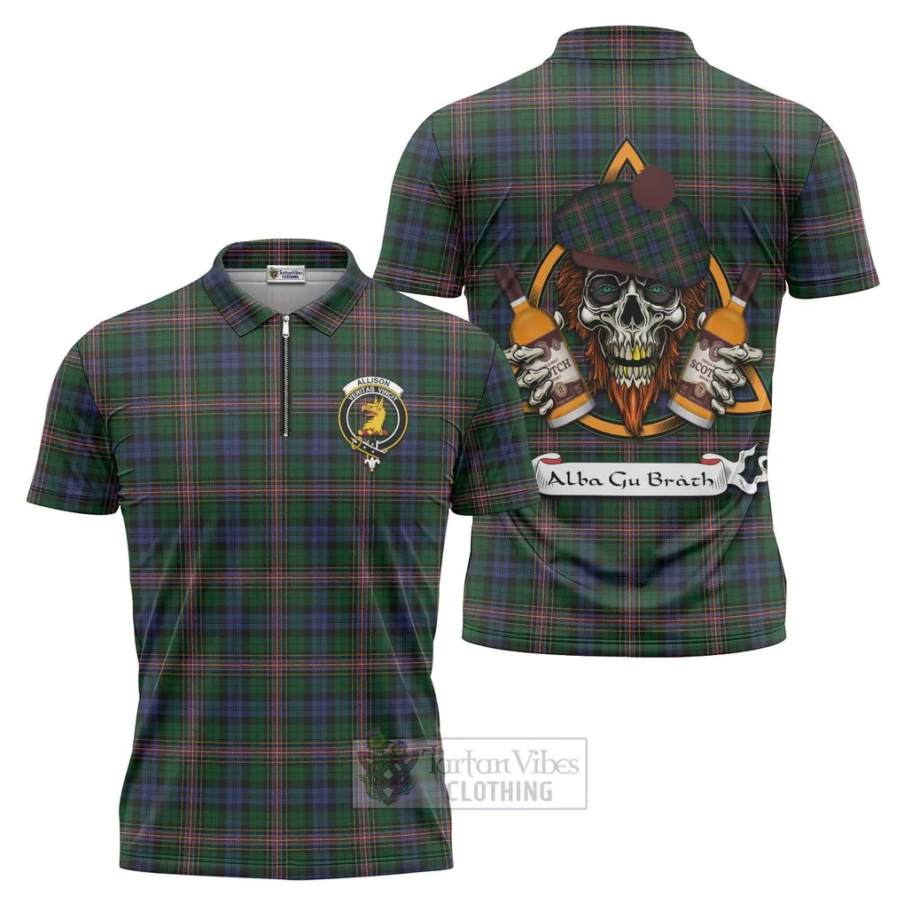 Allison Tartan Zipper Polo Shirt with Family Crest and Bearded Skull Holding Bottles of Whiskey