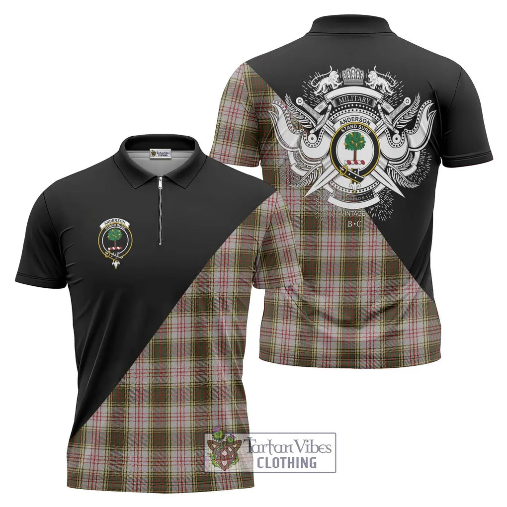 Anderson Dress Tartan Zipper Polo Shirt with Family Crest and Military Logo Style