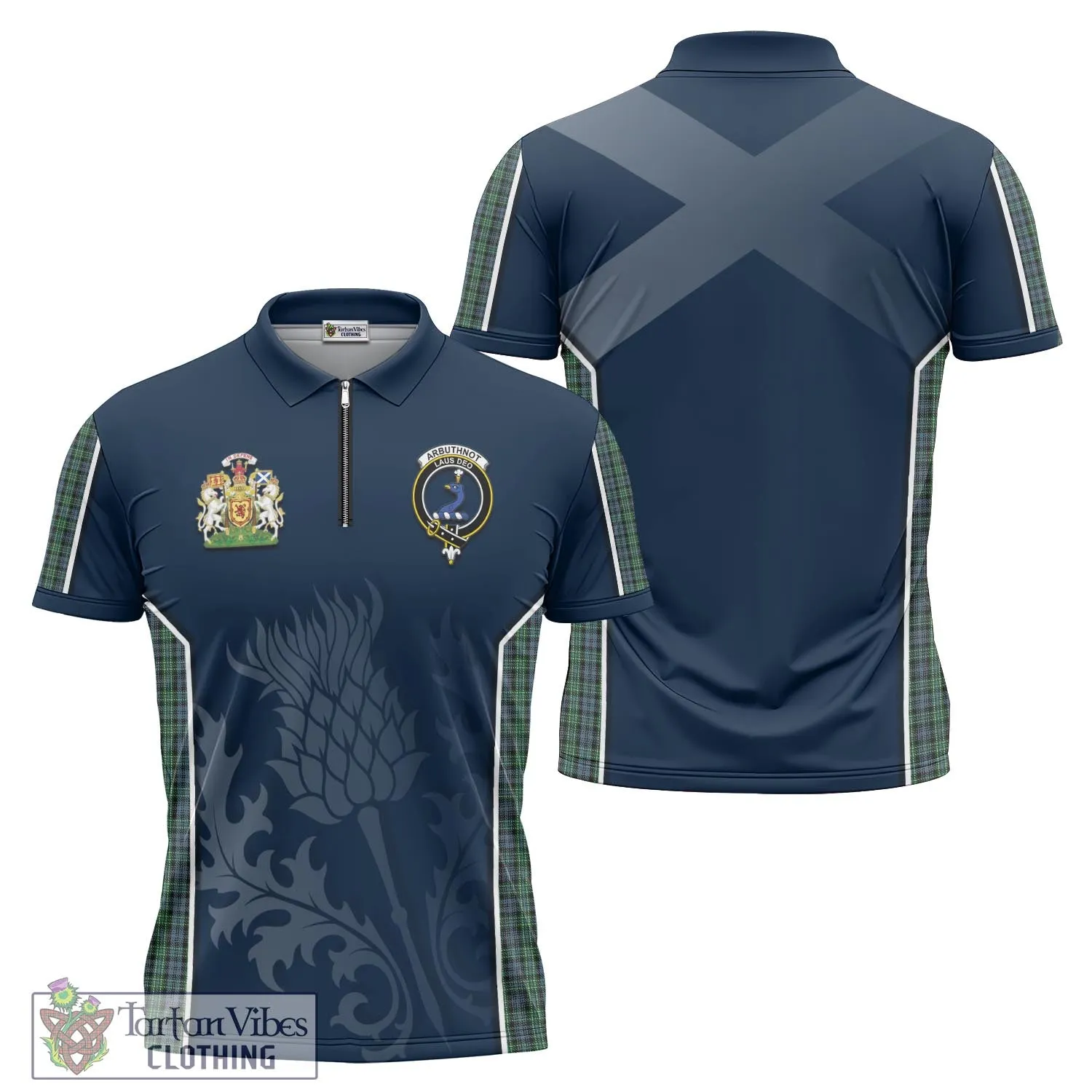 Arbuthnot Tartan Zipper Polo Shirt with Family Crest and Scottish Thistle Vibes Sport Style