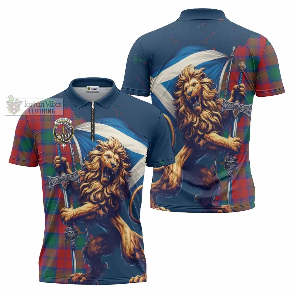 Auchinleck (Affleck) Tartan Family Crest Zipper Polo Shirt with Scottish Majestic Lion