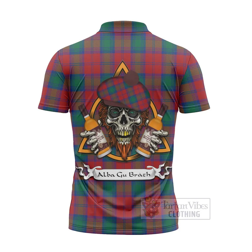 Auchinleck (Affleck) Tartan Zipper Polo Shirt with Family Crest and Bearded Skull Holding Bottles of Whiskey