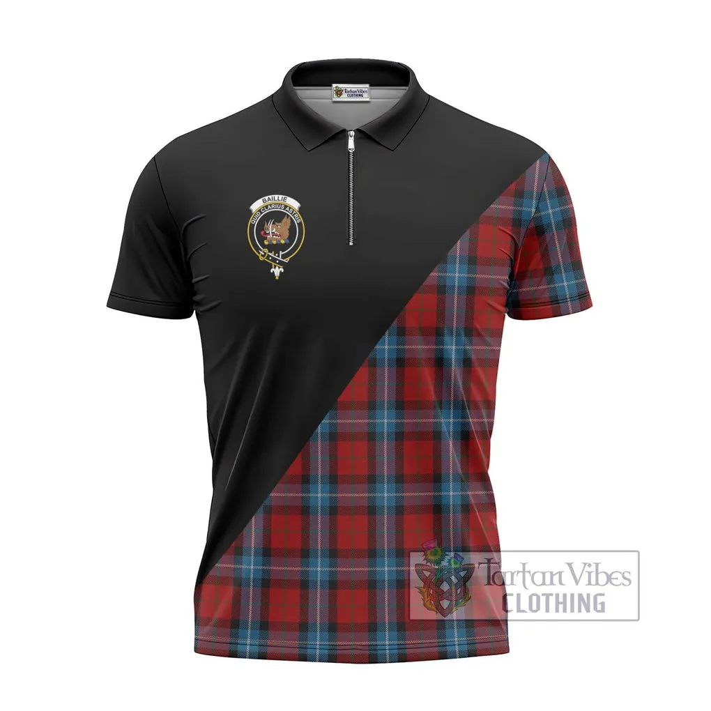 Baillie of Polkemmet Red Tartan Zipper Polo Shirt with Family Crest and Military Logo Style