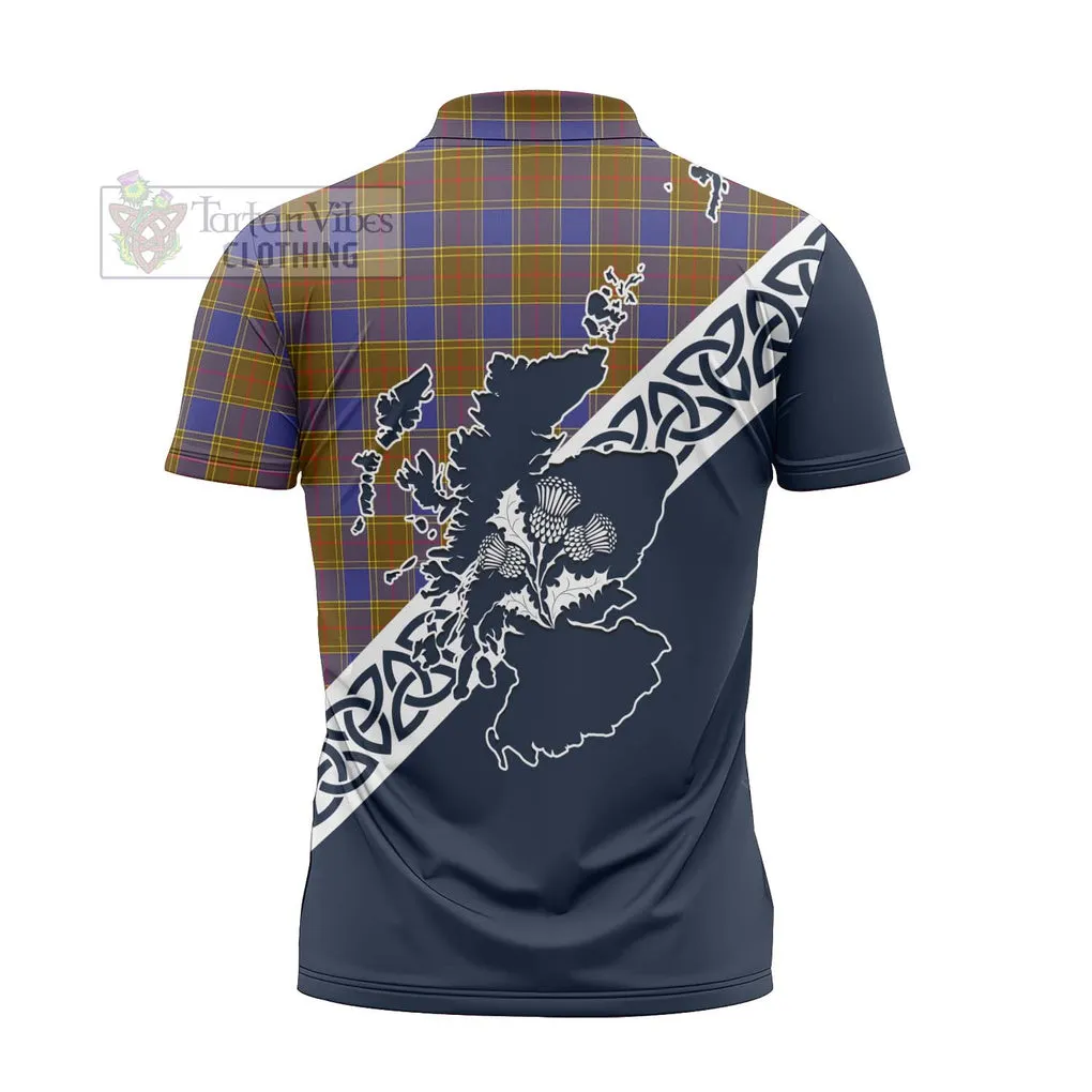 Balfour Tartan Zipper Polo Shirt Featuring Thistle and Scotland Map