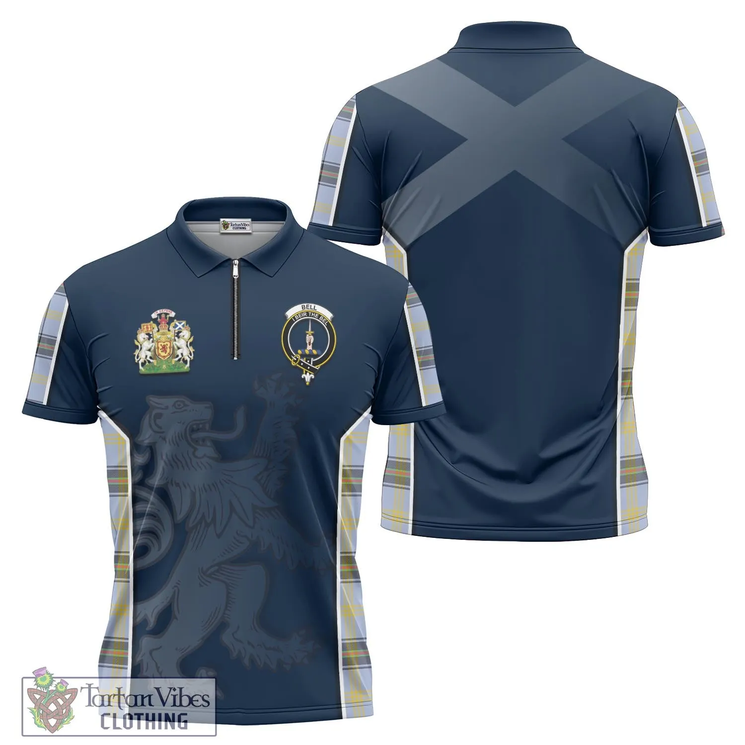 Bell Tartan Zipper Polo Shirt with Family Crest and Lion Rampant Vibes Sport Style