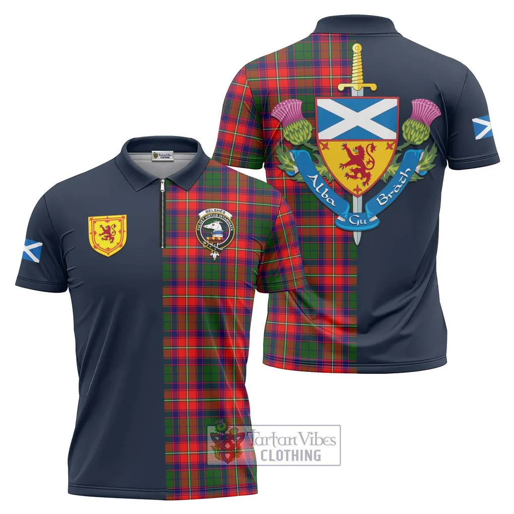 Belshes Tartan Zipper Polo Shirt Alba with Scottish Lion Royal Arm Half Style