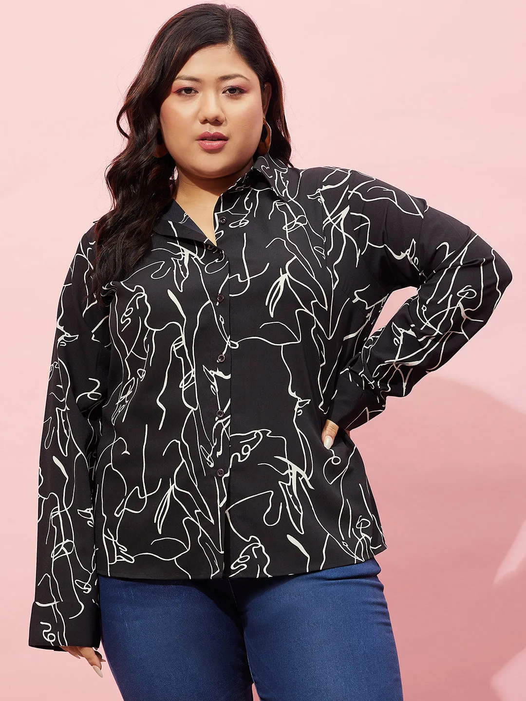 Berrylush Women Plus Size Black & White Abstract Printed Spread Collar Neck Button-Up Curved Hem Regular Shirt