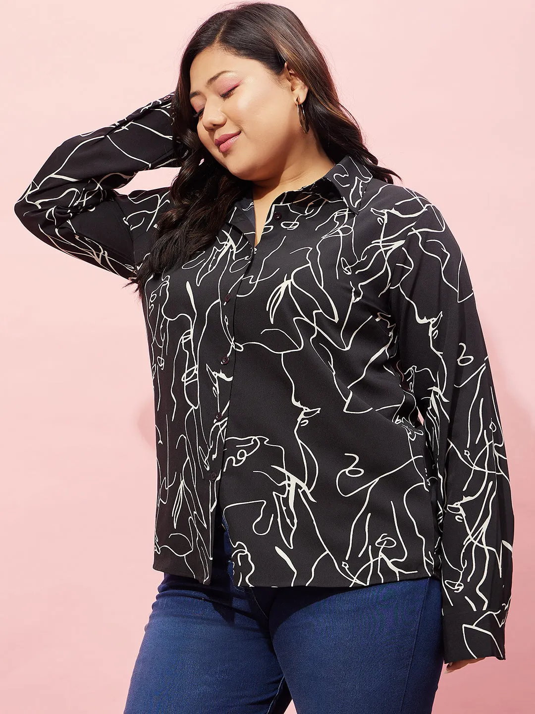 Berrylush Women Plus Size Black & White Abstract Printed Spread Collar Neck Button-Up Curved Hem Regular Shirt