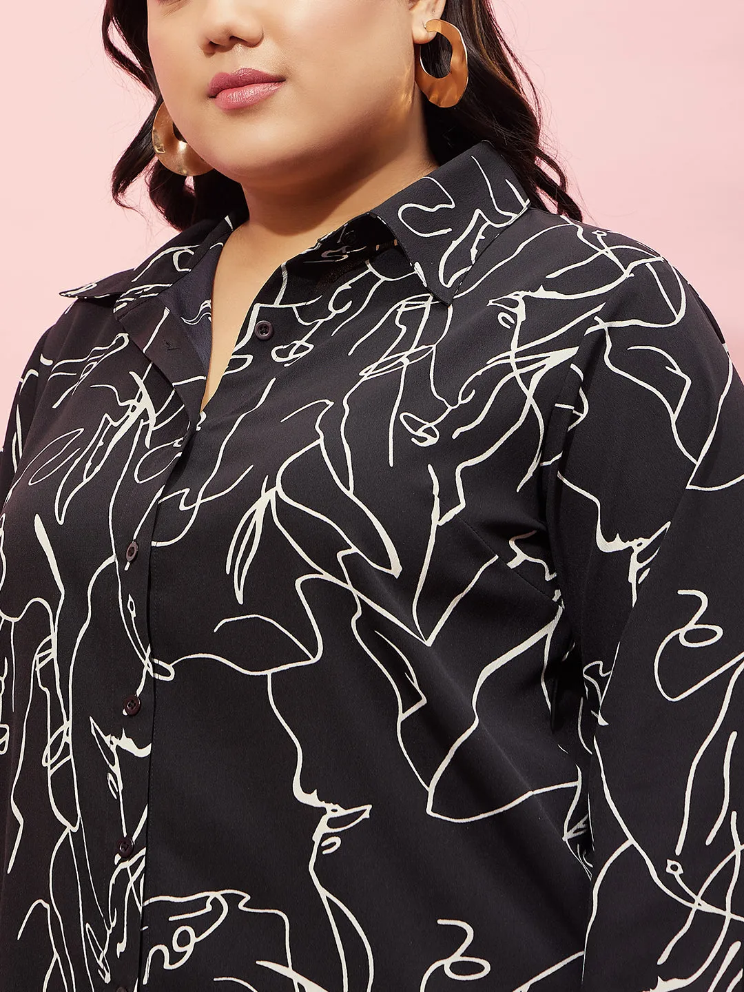 Berrylush Women Plus Size Black & White Abstract Printed Spread Collar Neck Button-Up Curved Hem Regular Shirt