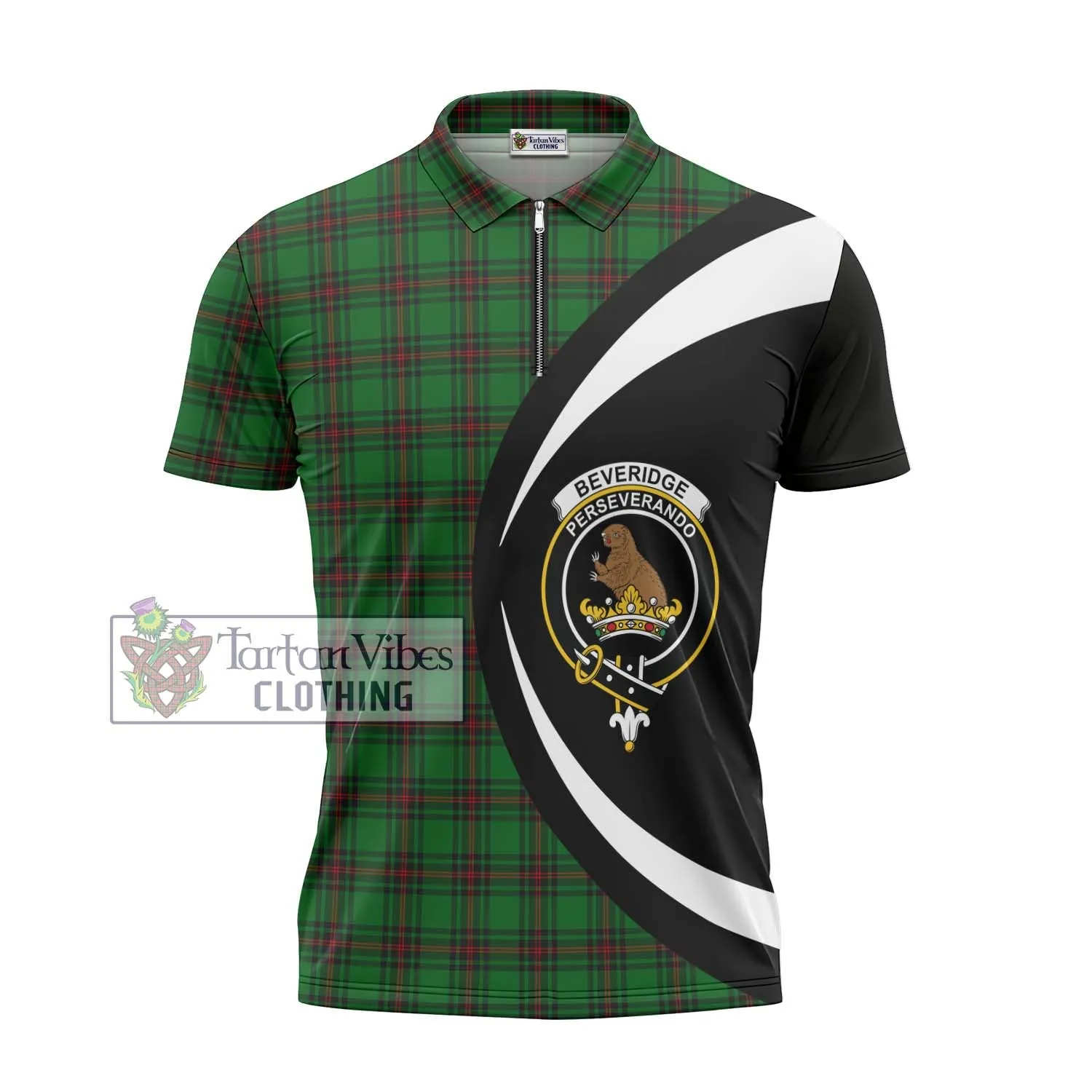 Beveridge Tartan Zipper Polo Shirt with Family Crest Circle Style