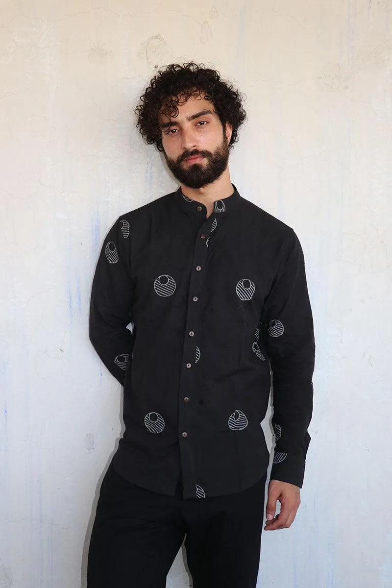 Black Lunar Blockprinted Men'S Shirt