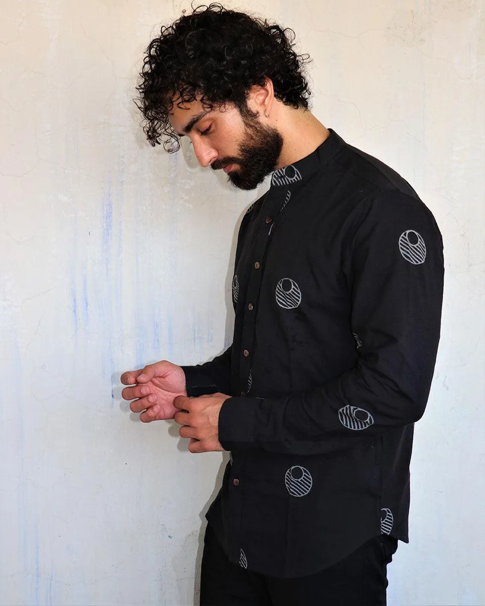 Black Lunar Blockprinted Men'S Shirt