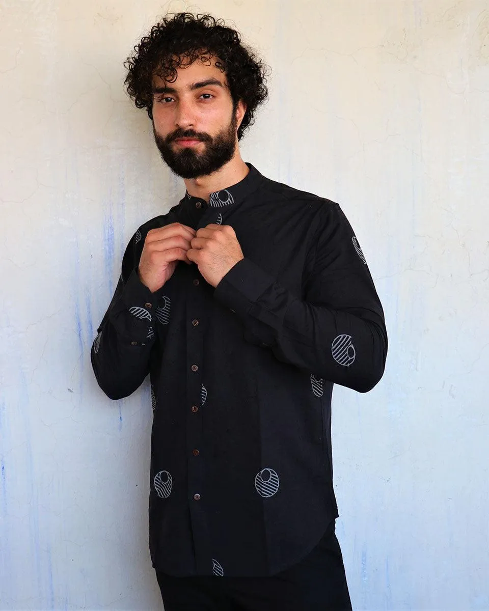 Black Lunar Blockprinted Men'S Shirt