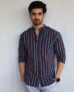 Blue Stripe Block-Printed Men'S Shirt