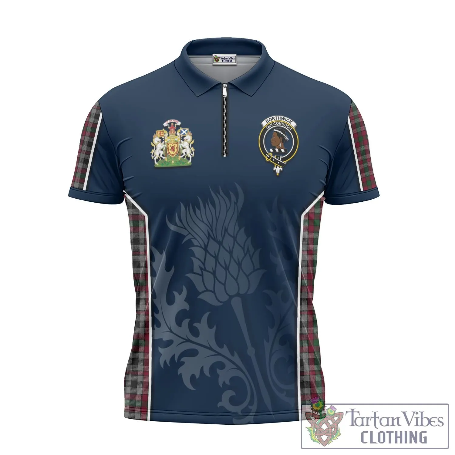 Borthwick Tartan Zipper Polo Shirt with Family Crest and Scottish Thistle Vibes Sport Style