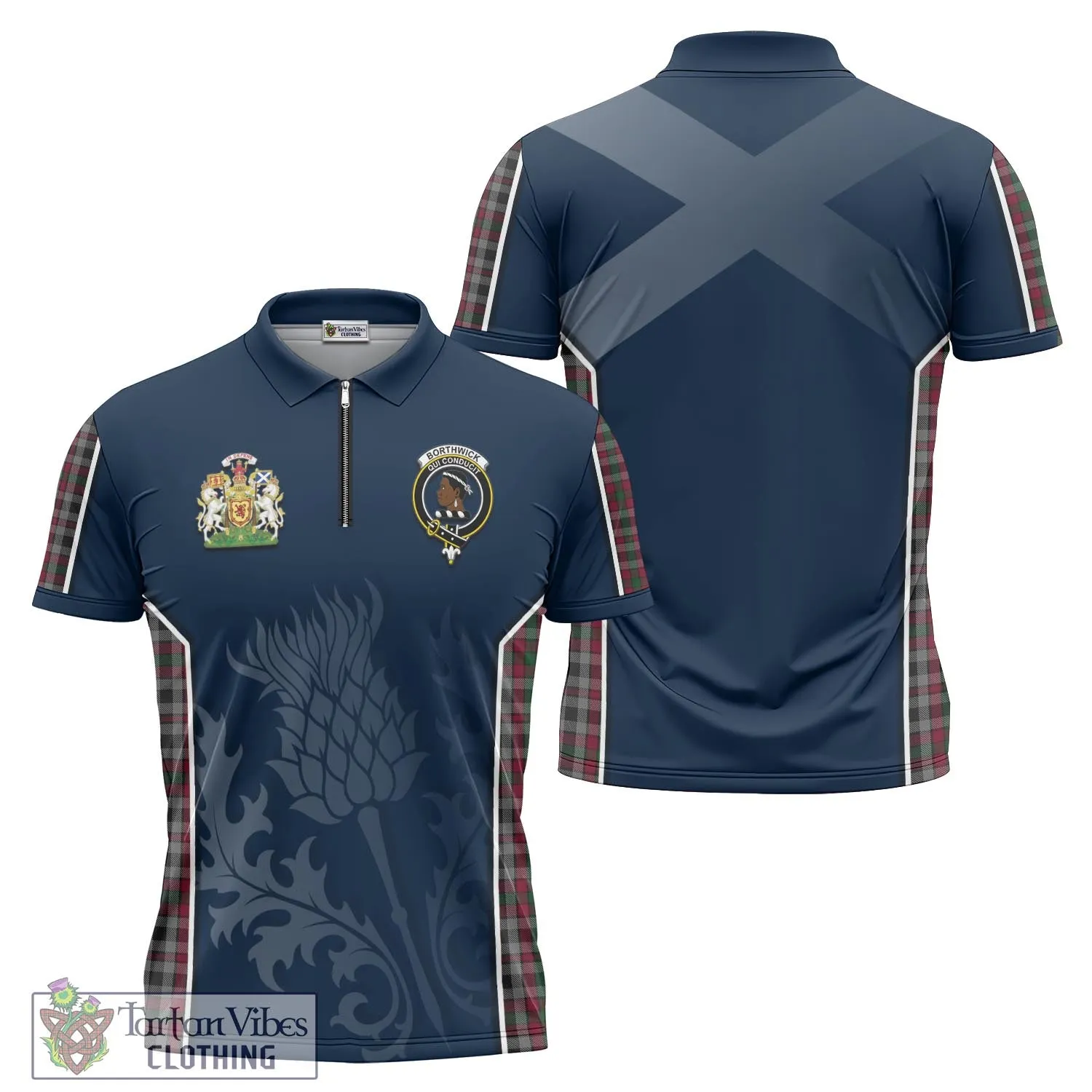 Borthwick Tartan Zipper Polo Shirt with Family Crest and Scottish Thistle Vibes Sport Style