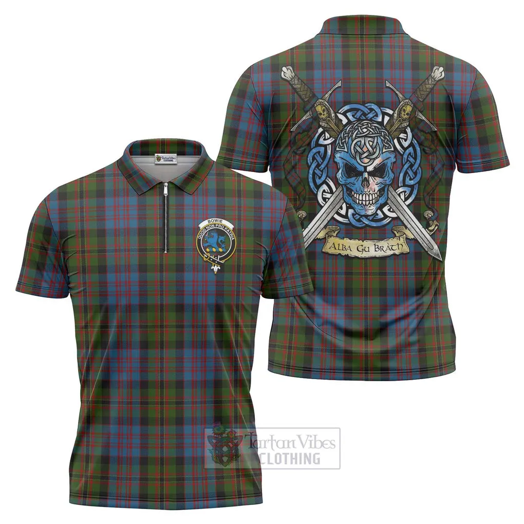 Bowie Tartan Zipper Polo Shirt with Family Crest Celtic Skull Style