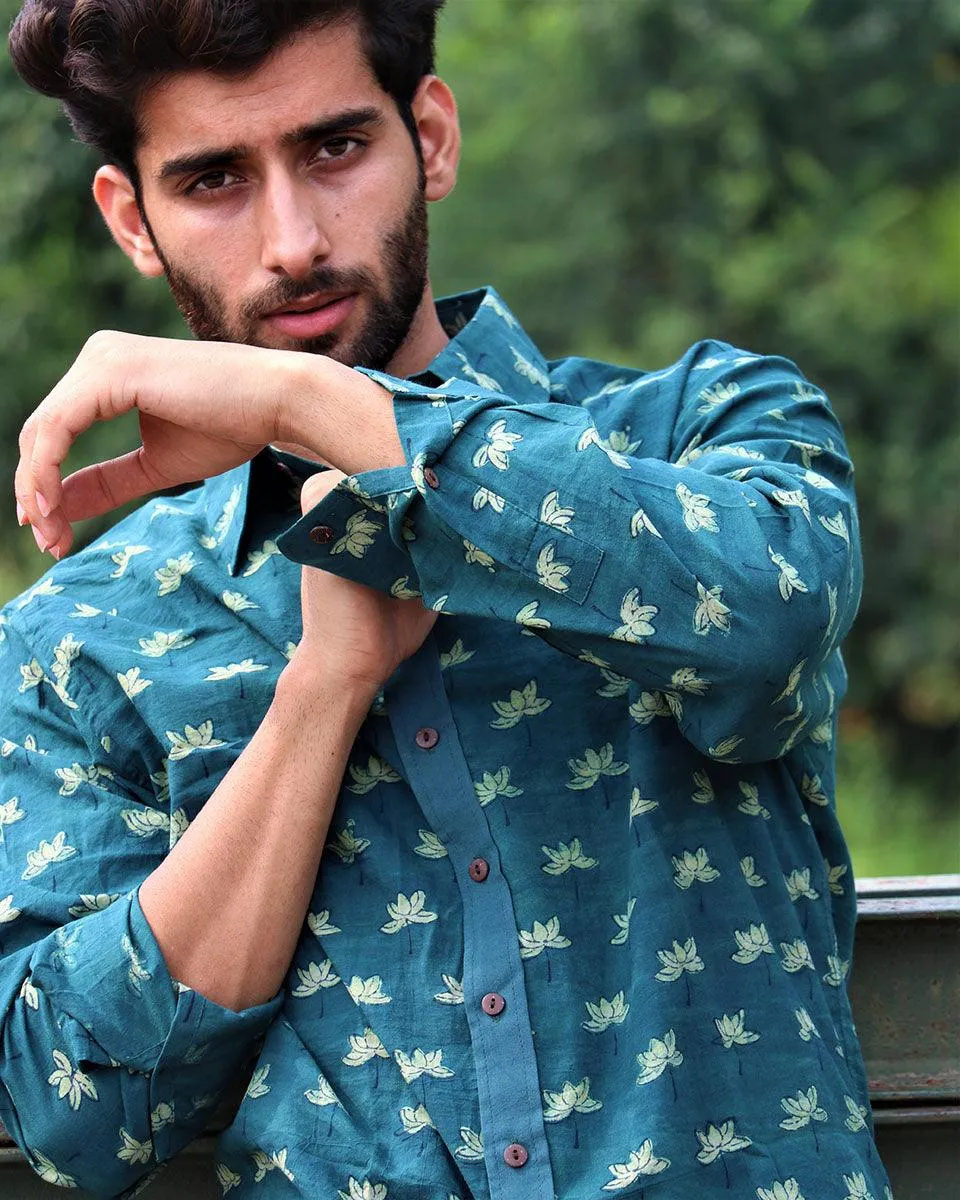 Forest Green Block Printed Cotton Shirt