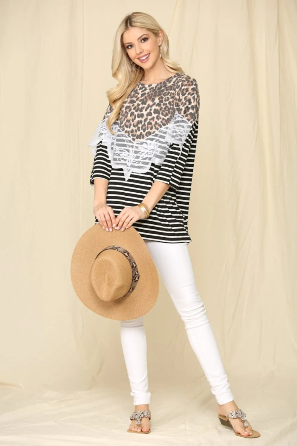 Full Size Leopard Spliced Stripe T-Shirt with Lace Detail