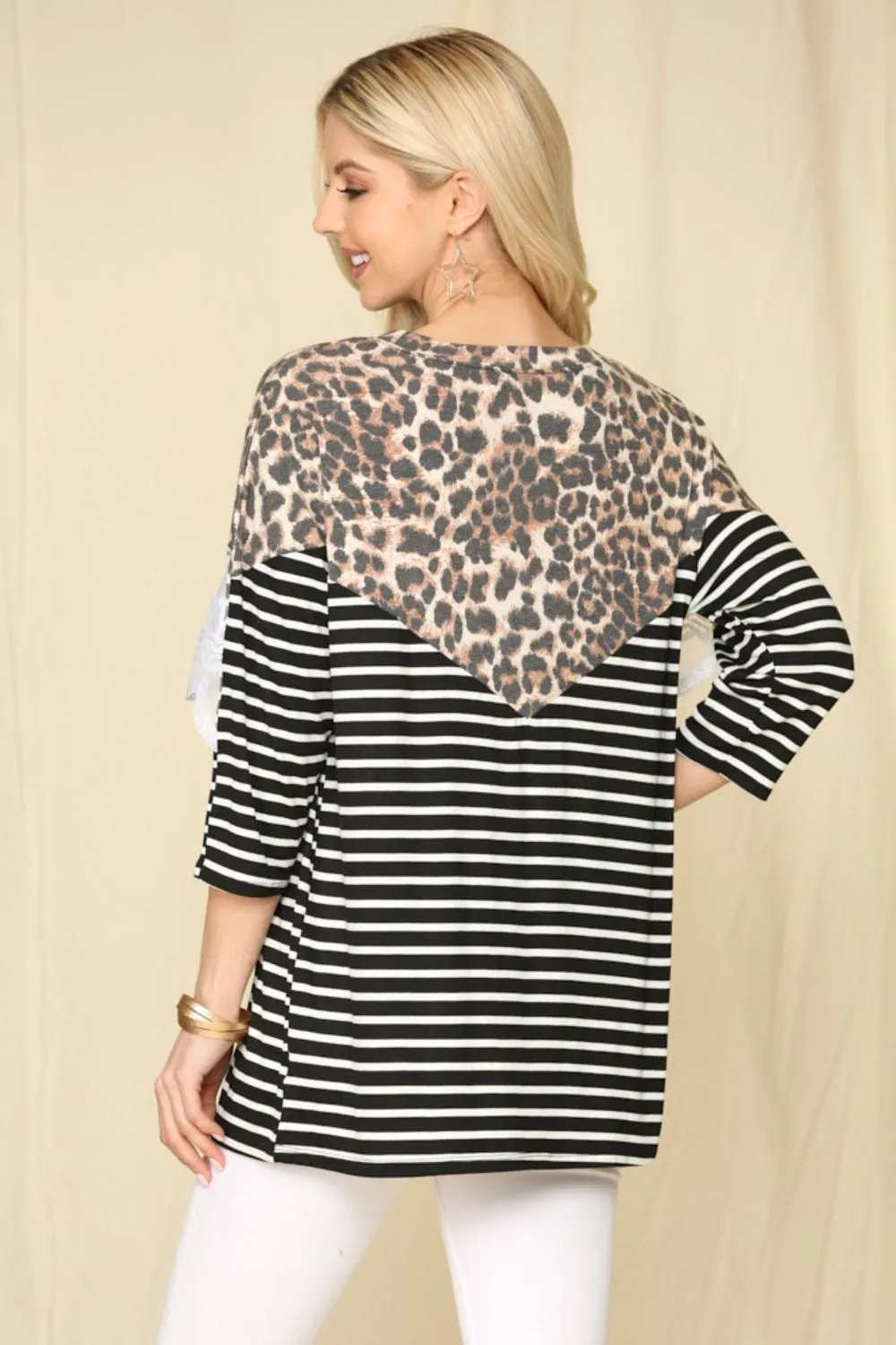 Full Size Leopard Spliced Stripe T-Shirt with Lace Detail