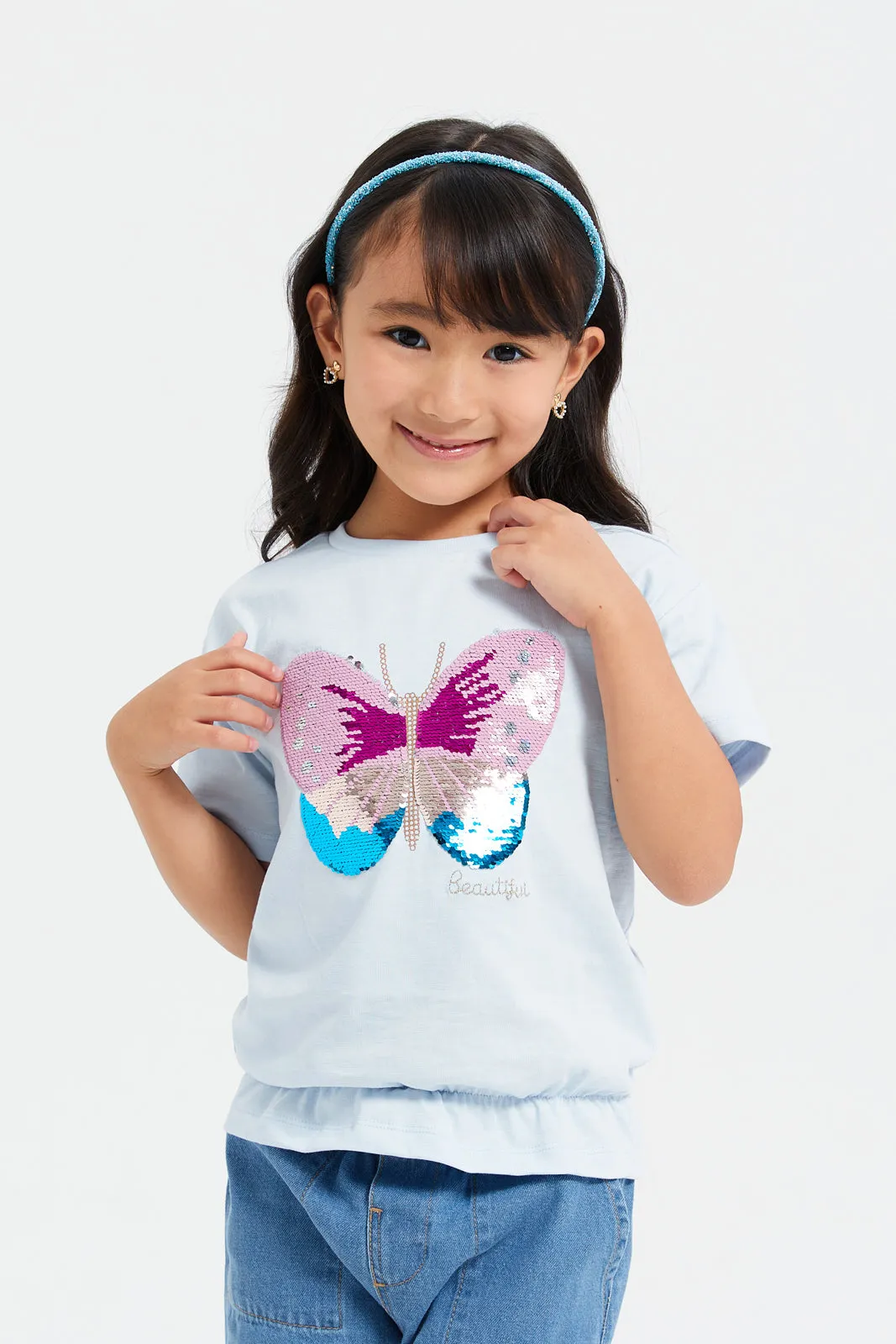 Girls Blue Embellished Butterfly Sequins T-Shirt