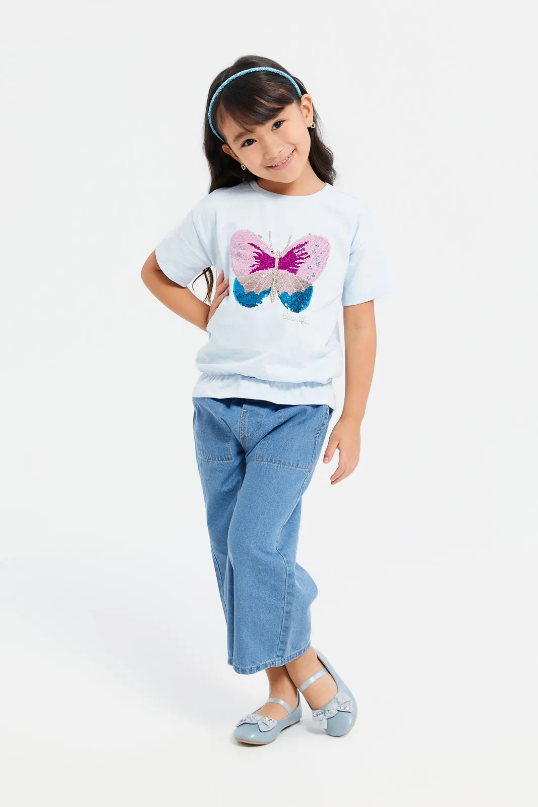 Girls Blue Embellished Butterfly Sequins T-Shirt