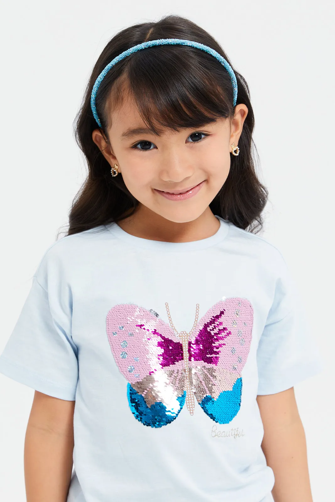 Girls Blue Embellished Butterfly Sequins T-Shirt