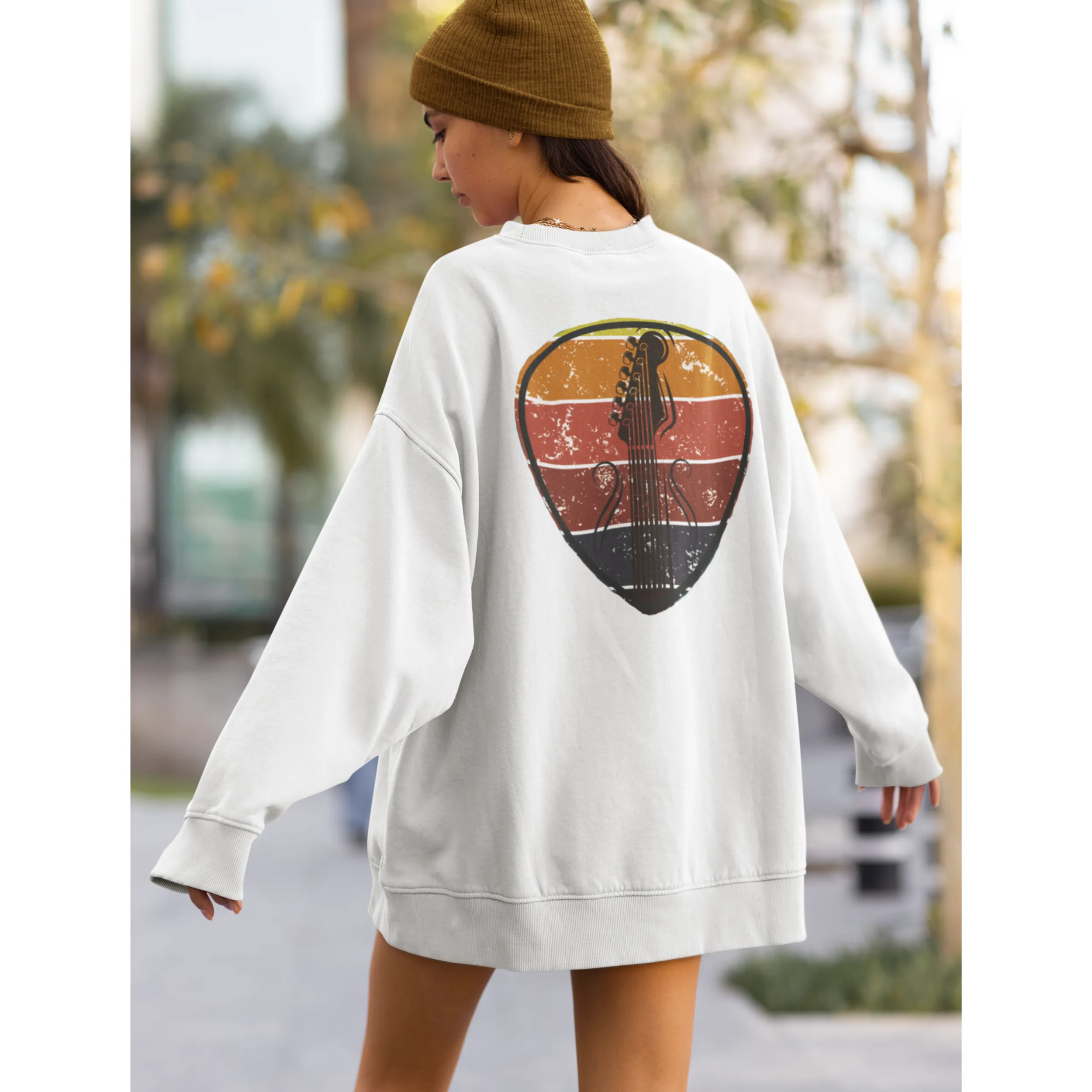 Guitar Pick Unisex Heavy Blend™ Crewneck Sweatshirt Front or Back Design Distressed Guitar Neck Design, Trendy Music Pullover