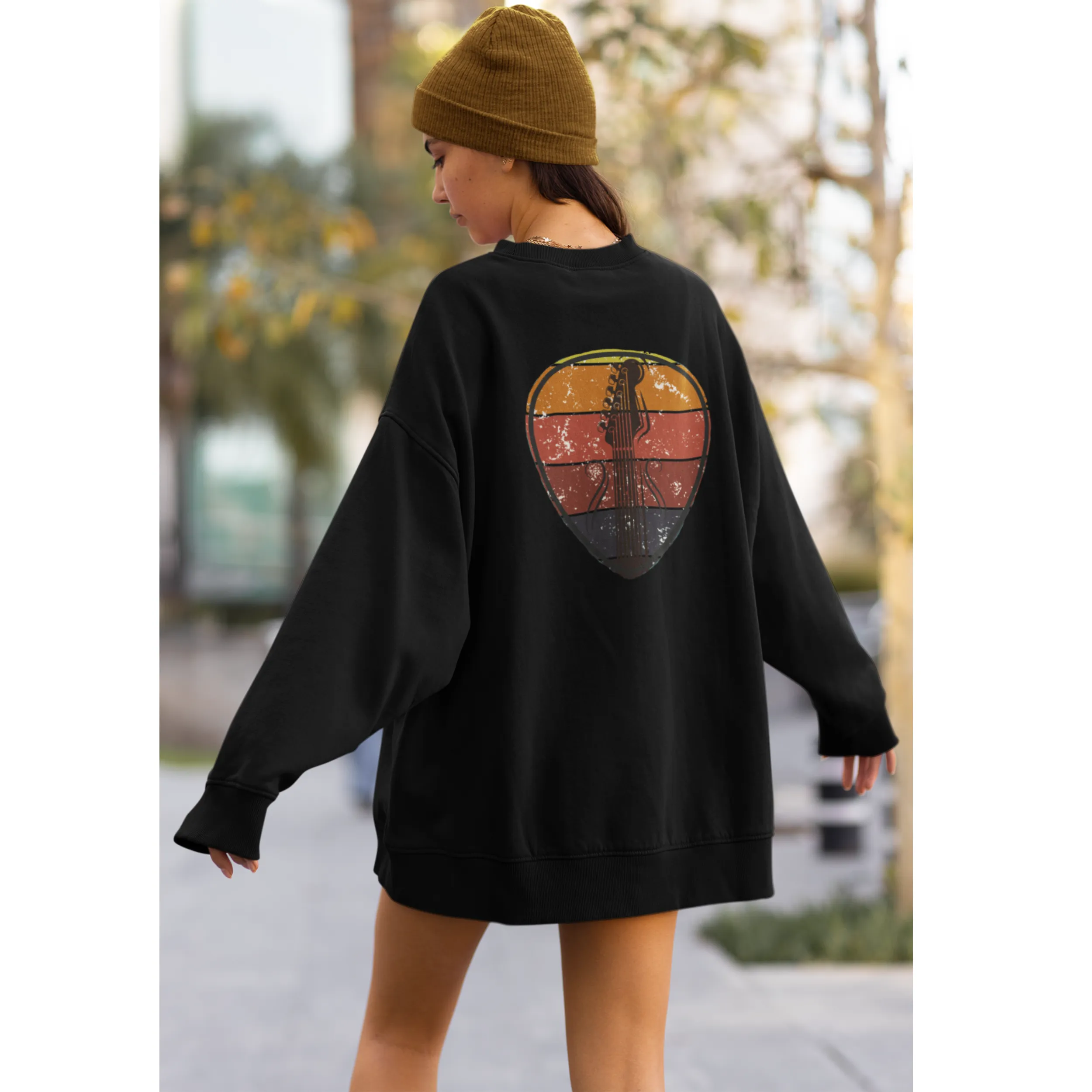 Guitar Pick Unisex Heavy Blend™ Crewneck Sweatshirt Front or Back Design Distressed Guitar Neck Design, Trendy Music Pullover