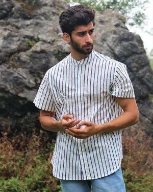 Ivory Striped Block Printed Cotton Half-Sleeved Shirt