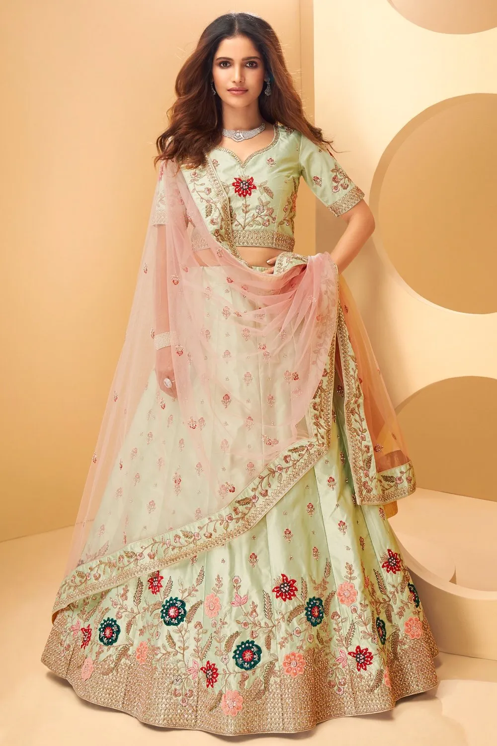 Light Green Heavy Border Silk Bridal Lehenga