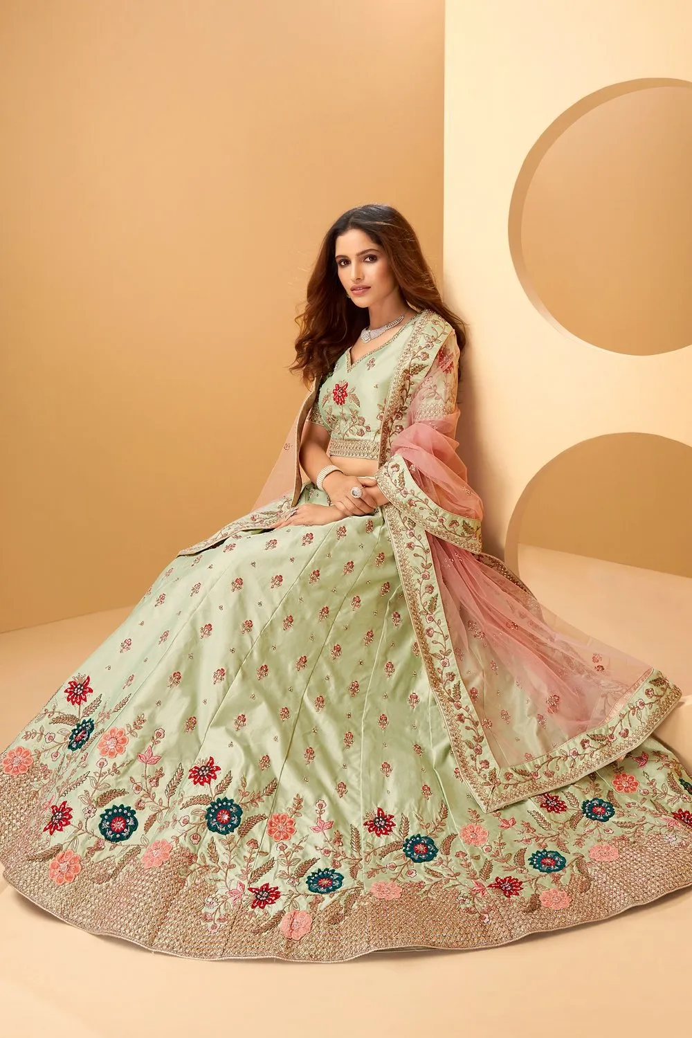 Light Green Heavy Border Silk Bridal Lehenga