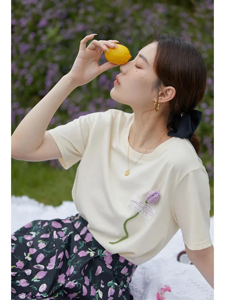 LVSANW DUSHU Design Chic Style Women T-shirt Artistic Three-dimensional Woven Tulip Round Neck Short-sleeved Summer Female Tops Tees