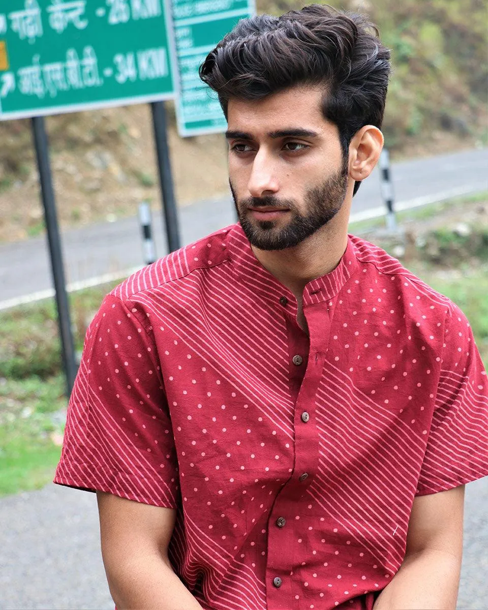 Maroon Block Printed Cotton Half-Sleeved Shirt