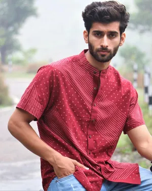 Maroon Block Printed Cotton Half-Sleeved Shirt