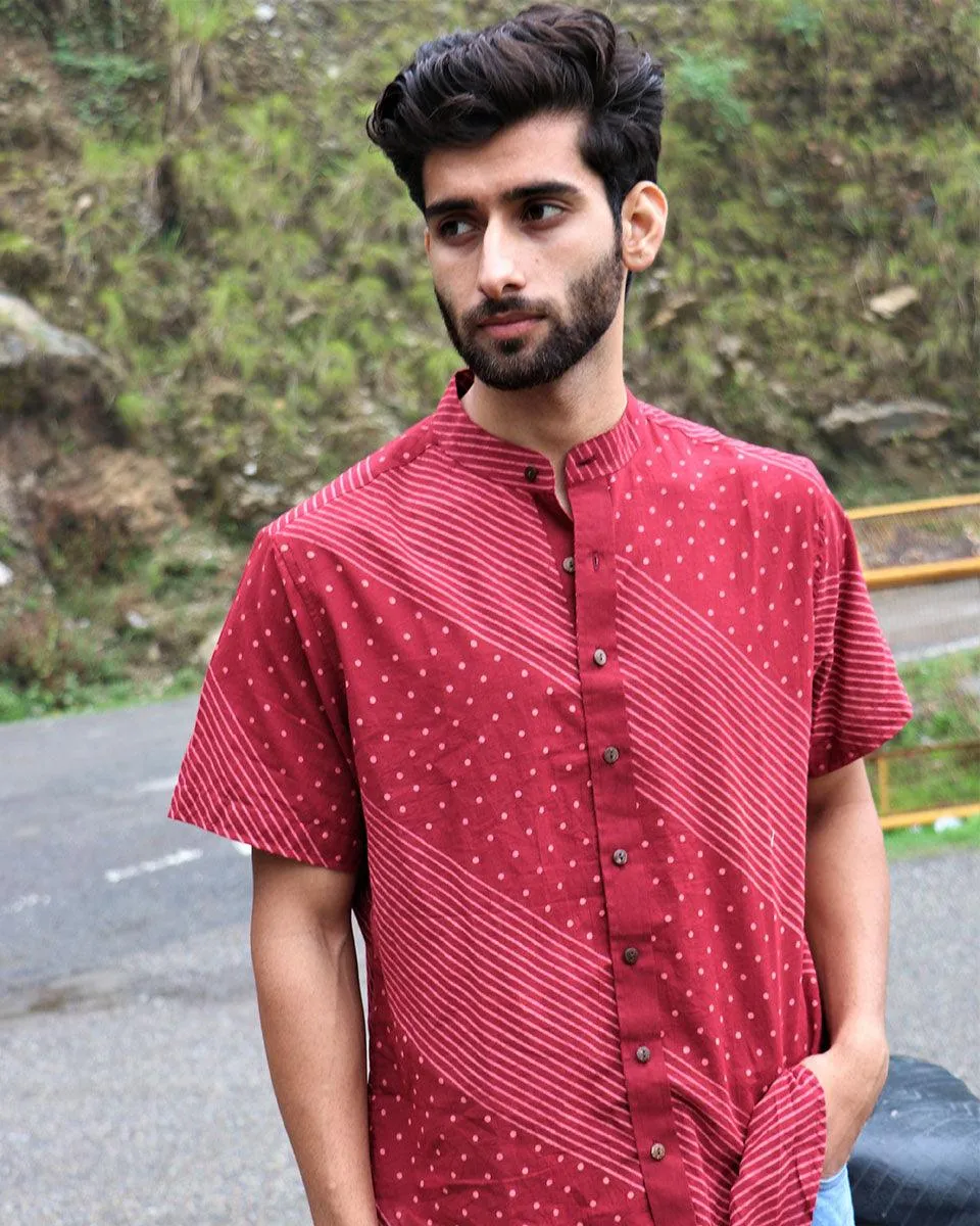 Maroon Block Printed Cotton Half-Sleeved Shirt