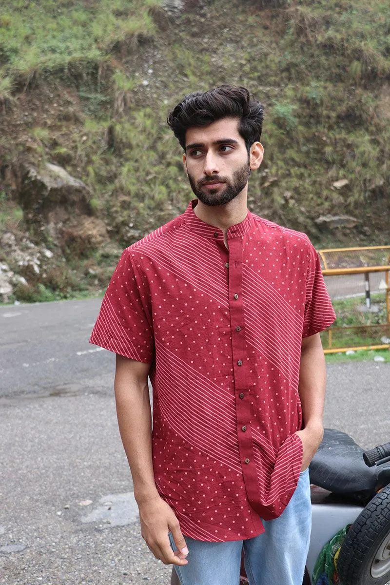 Maroon Block Printed Cotton Half-Sleeved Shirt