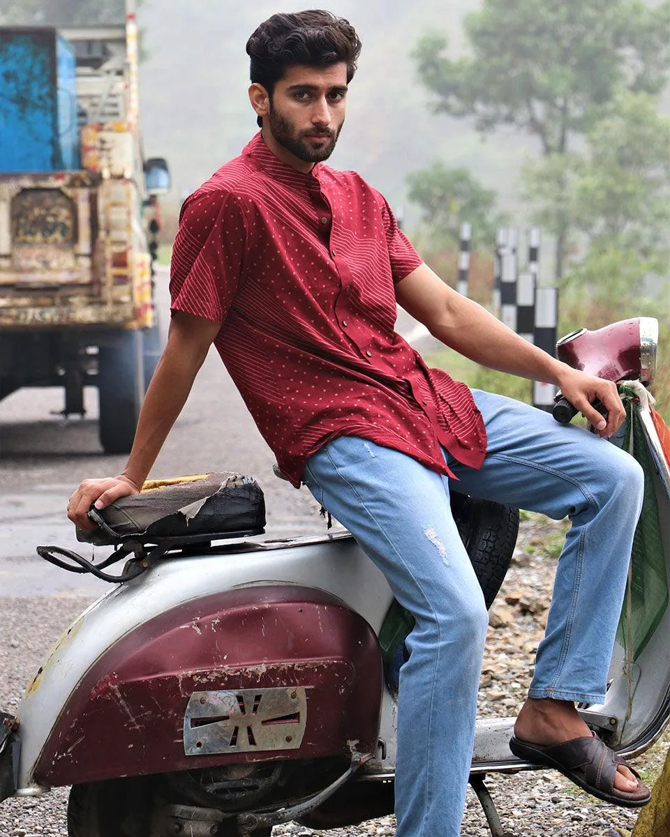 Maroon Block Printed Cotton Half-Sleeved Shirt