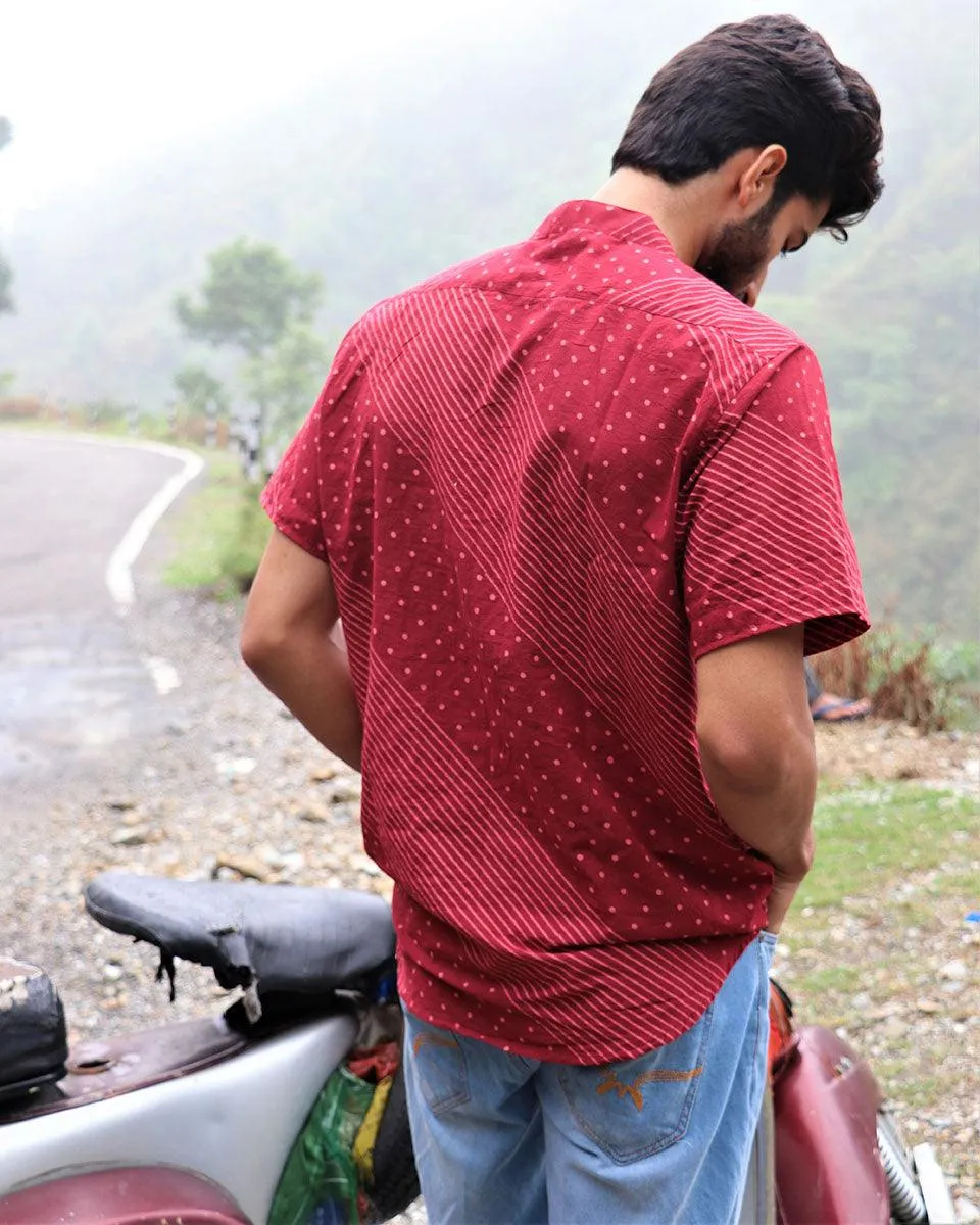 Maroon Block Printed Cotton Half-Sleeved Shirt