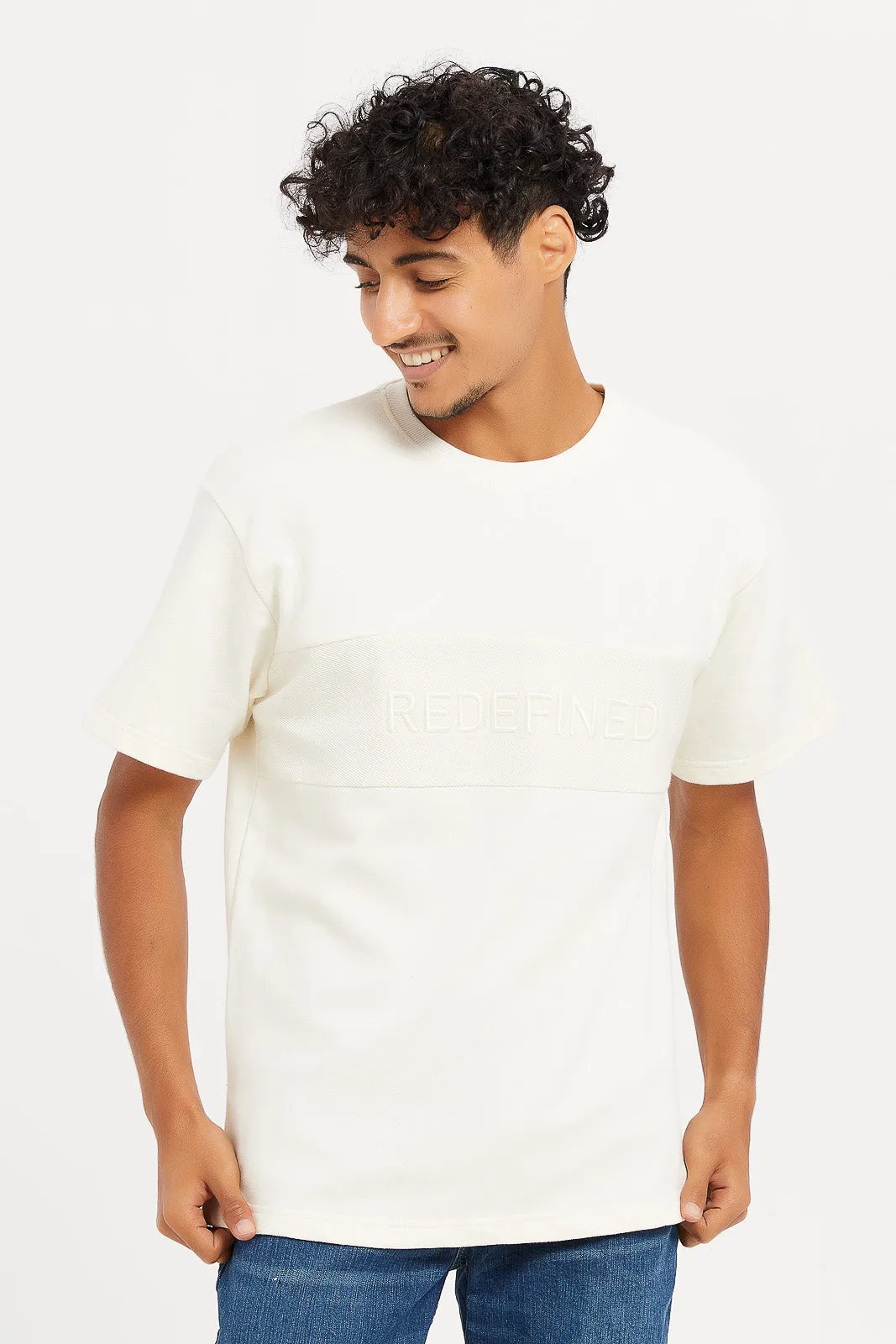 Men Ecru Embossed T-Shirt