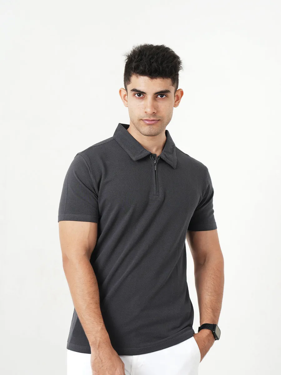 Monkstory Bamboo Cotton Zip-Polo Tee - Iron Grey