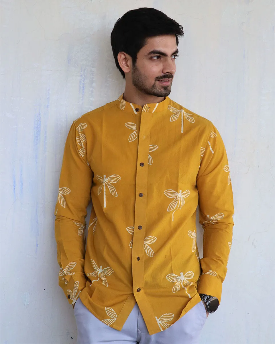 Mustard Dragonfly Block-Printed Men'S Shirt